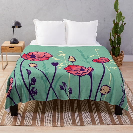 Colorful plush blanket featuring a watercolor-inspired summer field with poppies and wildflowers