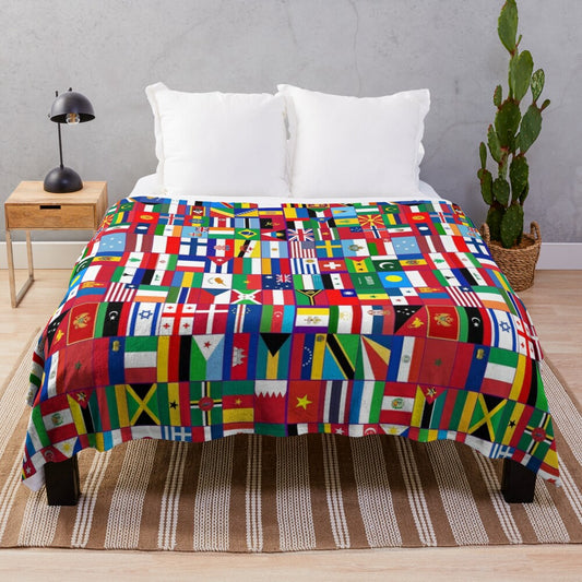 Plush blanket featuring flags of the world design