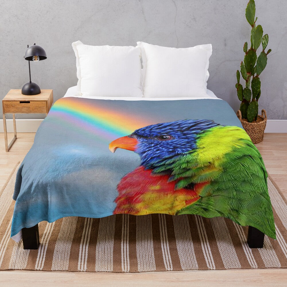 Colorful rainbow lorikeet bird on a plush blanket