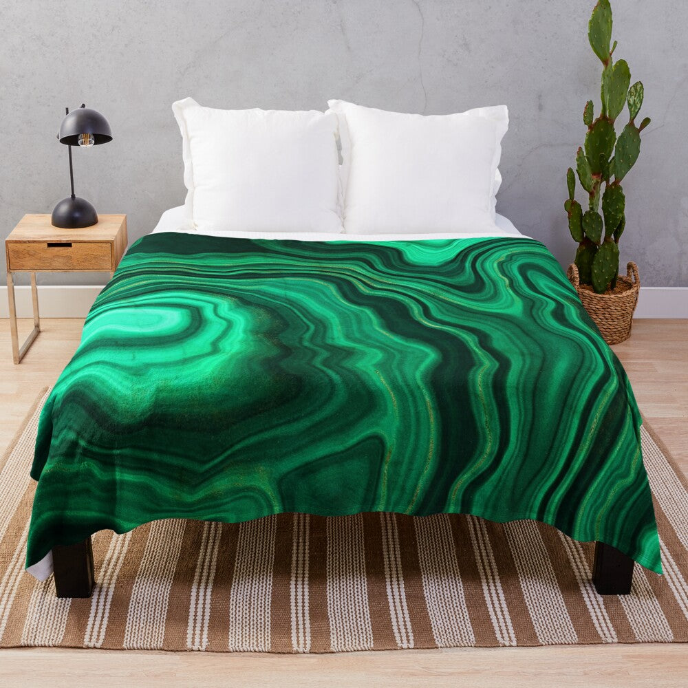 Malachite green faux marble plush blanket with shimmery gold veins