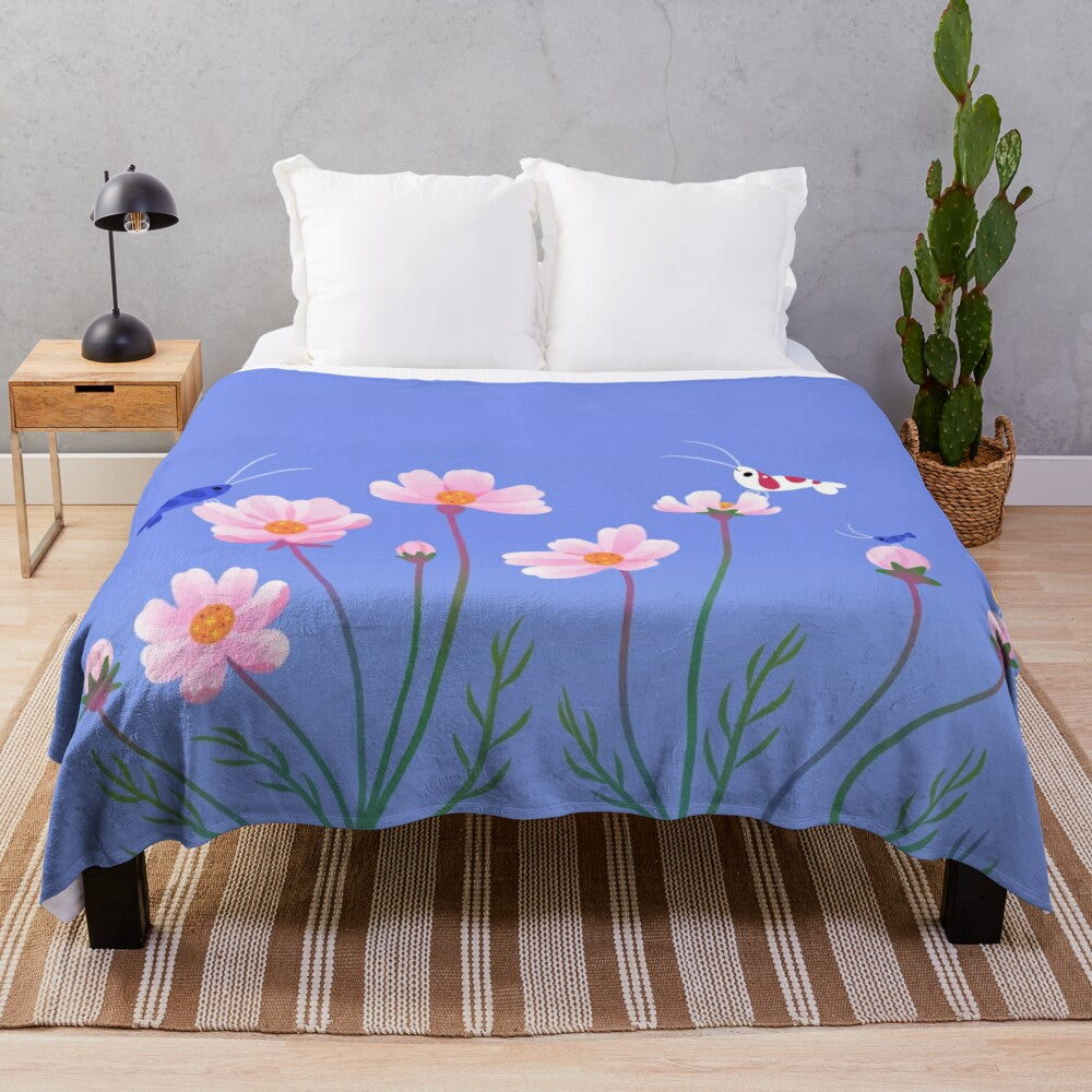 Plush blanket with cosmos flower and shrimp design