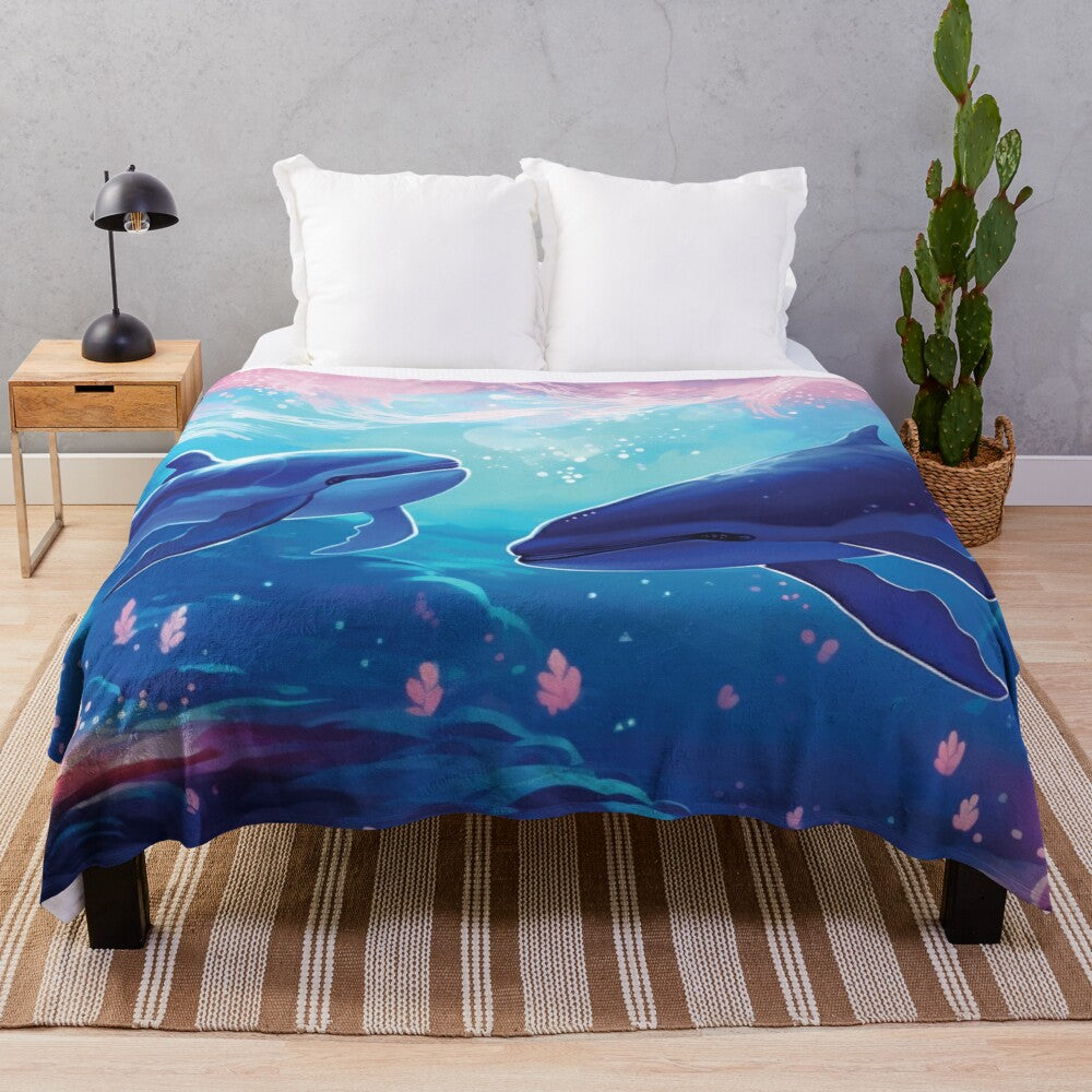 Plush blanket featuring a whale in an ocean scene with fantasy and whimsical elements by artist BrianM