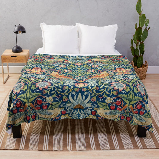 Vintage floral plush blanket with William Morris-inspired botanical pattern