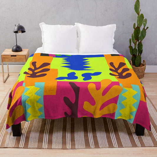 Matisse inspired abstract plush blanket with geometric shapes and bright neon colors