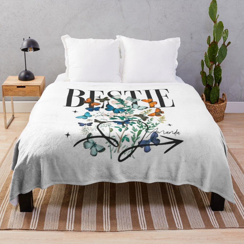 Vibrant floral plush blanket featuring a butterfly and bloom design