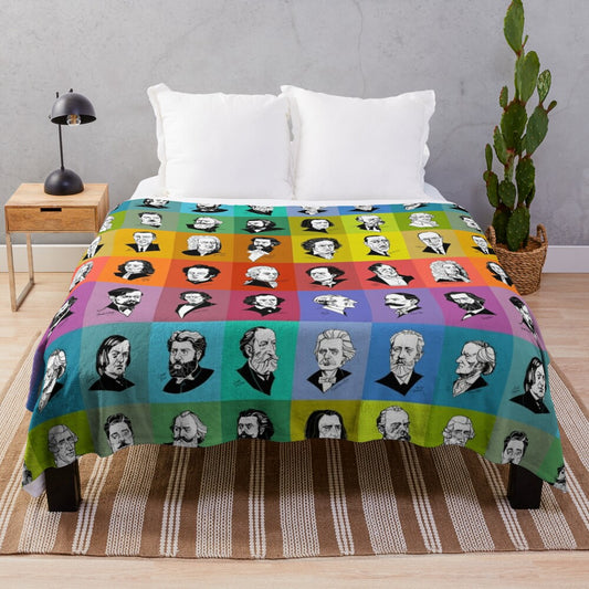 Colorful plush blanket with portraits of famous composers like Mozart, Beethoven, and Brahms