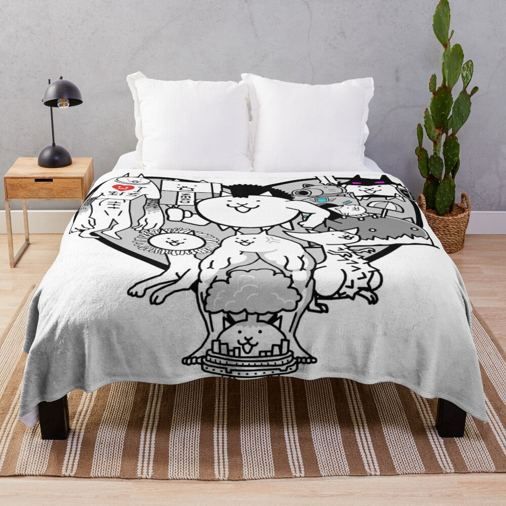 Battle Cats Mural Plush Blanket featuring anime-style cat characters