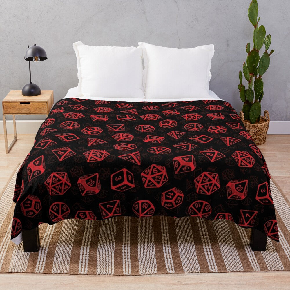 Soft, cozy plush blanket featuring a repeating pattern of d20 dice, perfect for Dungeons and Dragons and other tabletop role-playing game enthusiasts.