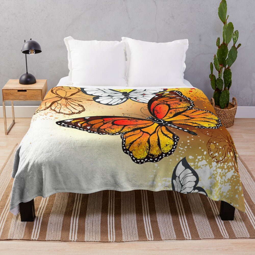 Detailed illustration of orange monarch butterflies on a plush blanket