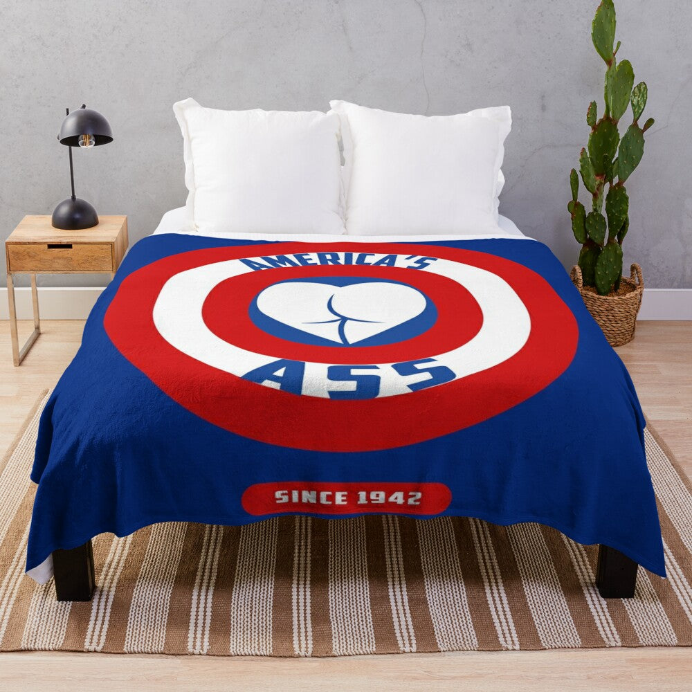 Patriotic superhero plush blanket featuring "America's Ass" design