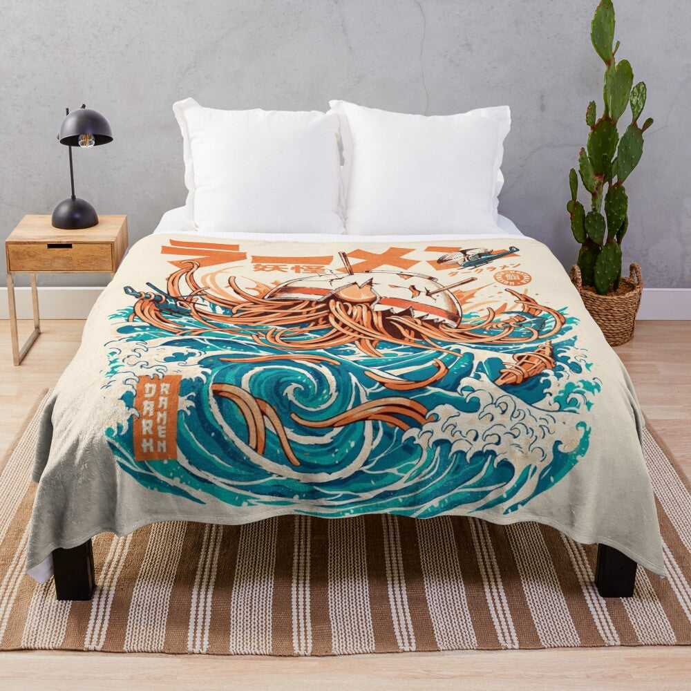 Plush blanket with retro anime-inspired design featuring the Great Wave off Kanagawa