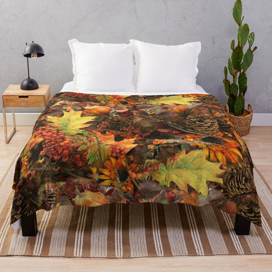 Autumn plush blanket with fall leaves and pine cones