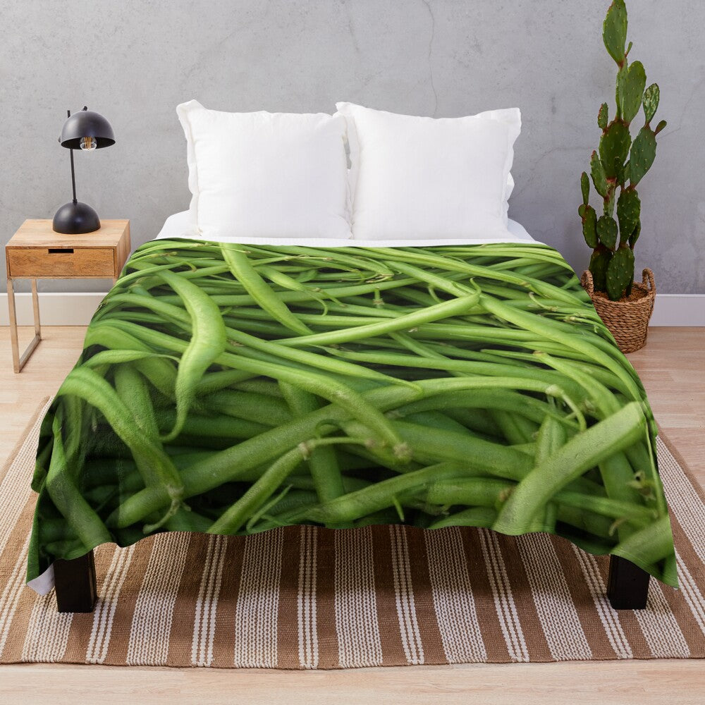 Green Beans Plush Blanket with Textured Vegetable Design