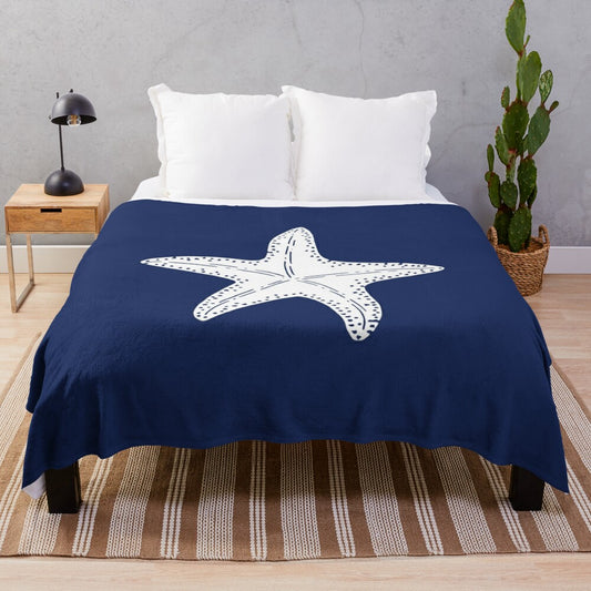 Navy blue starfish plush blanket for coastal and beach-inspired home decor