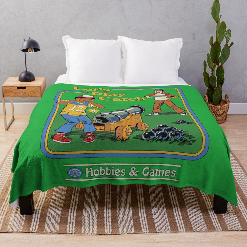 Vintage baseball-themed plush blanket with a humorous design