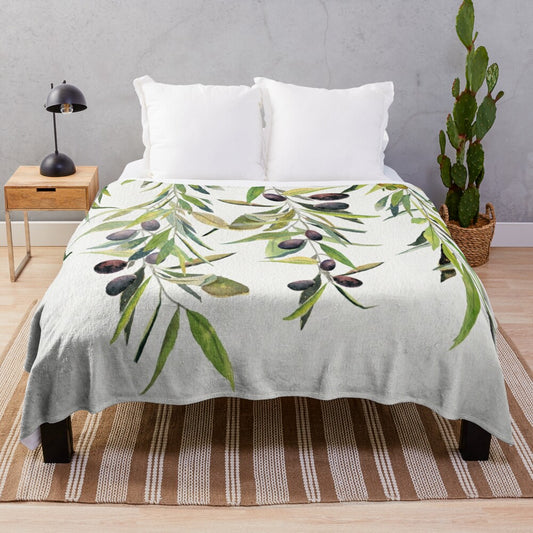 Olive branch watercolor plush blanket with botanical leaves and floral design