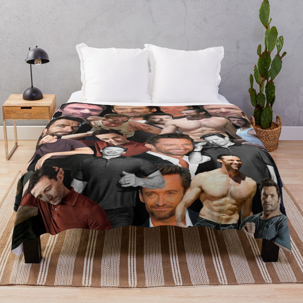 Soft and cozy plush blanket featuring a custom collage of Hugh Jackman photos