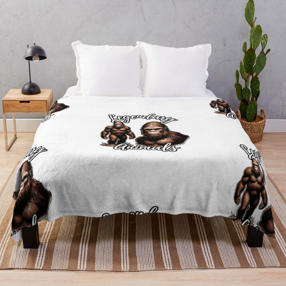 Plush blanket with colorful illustrations of legendary animals like Bigfoot, Sasquatch, and Yeti