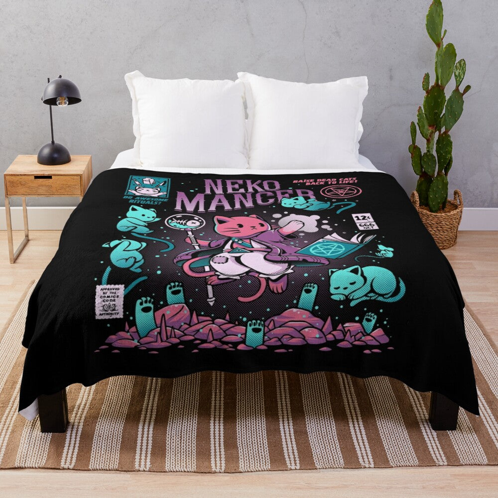 A plush purple blanket featuring a cute and whimsical cat necromancer illustration.