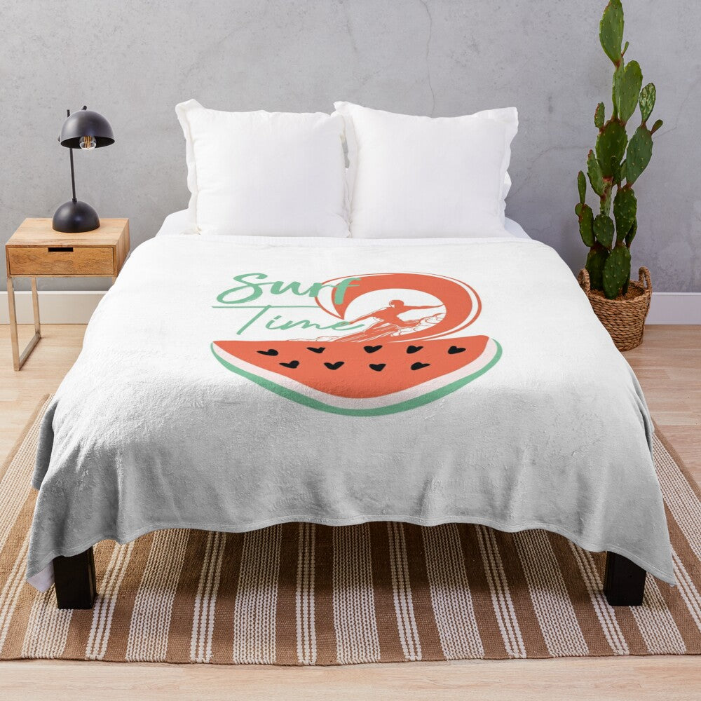 Watermelon surfing plush blanket with surfer design