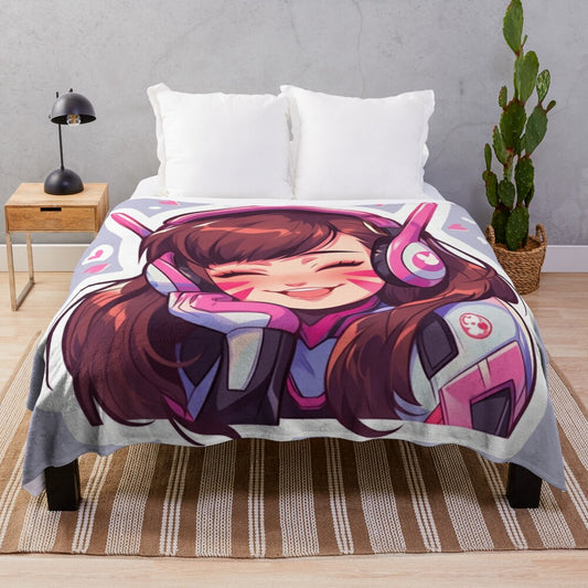 Cute D.Va inspired plush blanket with chibi-style artwork, perfect for gamers and anime fans.