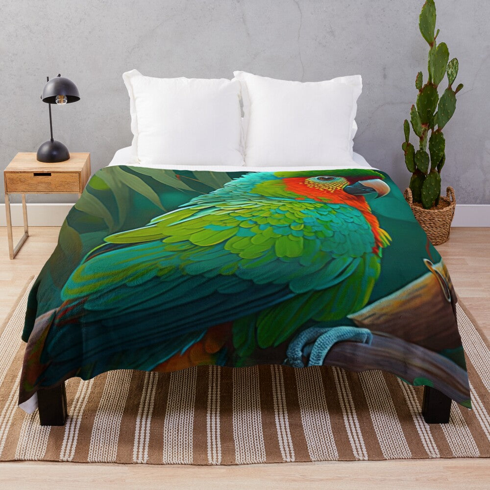 Lush green and colorful tropical parrot plush blanket