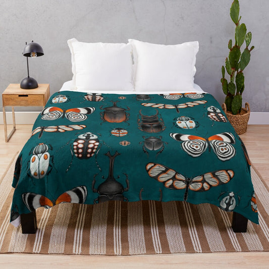 Plush blanket with detailed insect designs for nature and science lovers