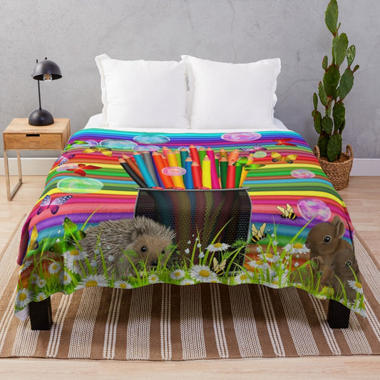 Colourful plush blanket featuring spring daisies, coloured pencils, and nature elements