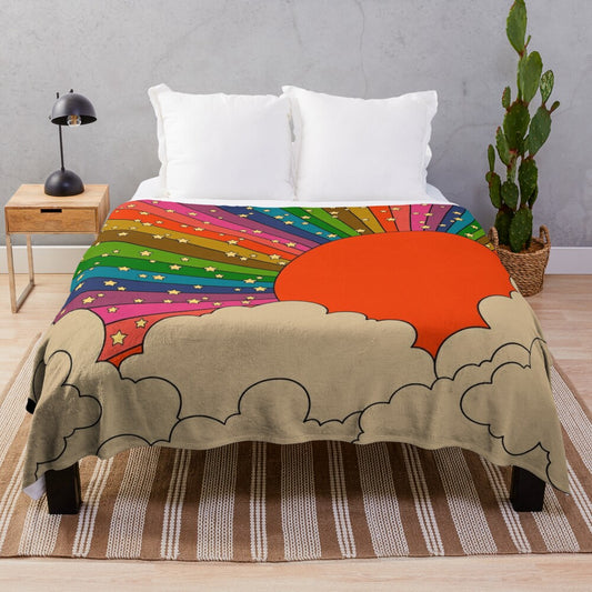 Colorful rainbow plush blanket with a retro 70s design