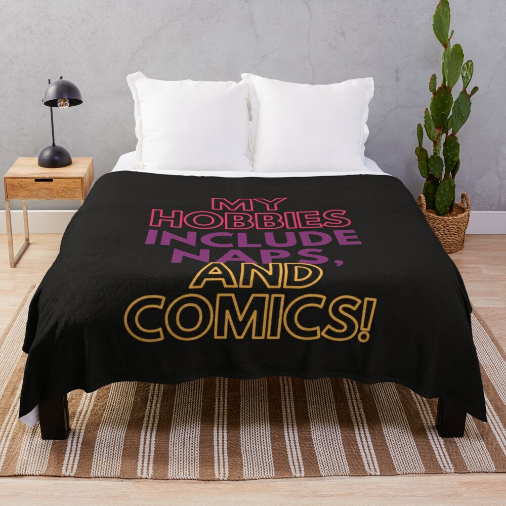 Cozy plush blanket featuring hobbies of naps and comics