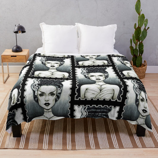 A plush blanket featuring a vintage-inspired black and white illustration of the Bride of Frankenstein character.