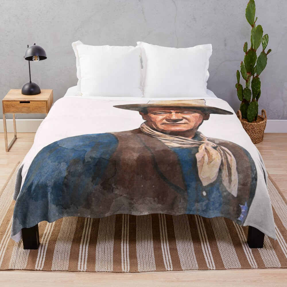 Soft, watercolor-style plush blanket featuring the iconic image of Hollywood legend John Wayne