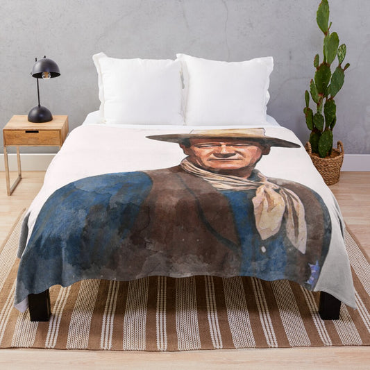 Soft, watercolor-style plush blanket featuring the iconic image of Hollywood legend John Wayne