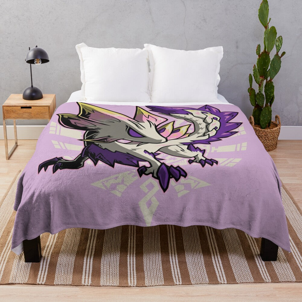 Plush blanket featuring a chibi-style illustration of the Mizutsune monster from the Monster Hunter video game series.