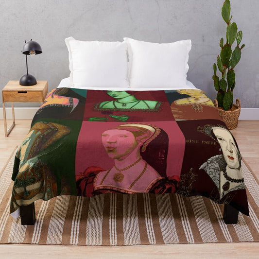 Plush blanket featuring graphic design of the six wives of Henry VIII