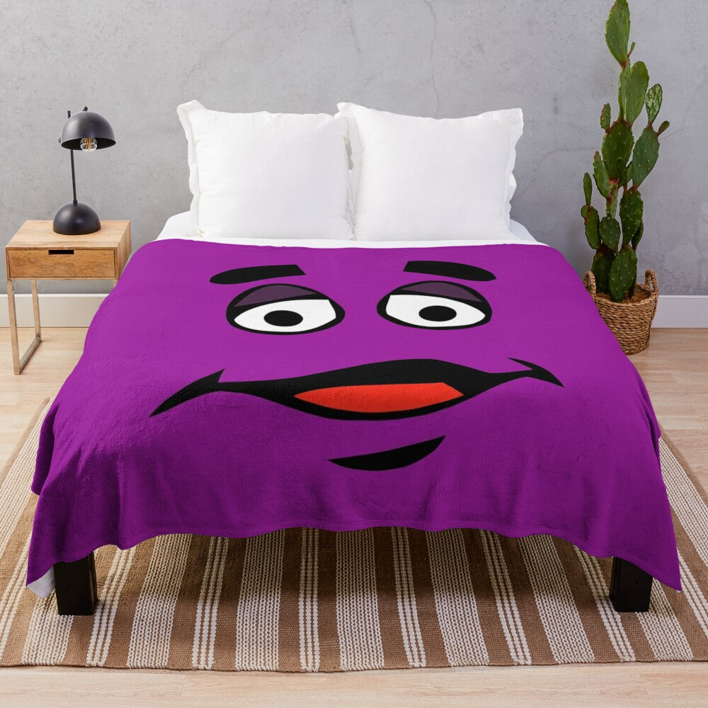 Grimace-themed plush blanket with transparent background featuring the iconic cartoon character