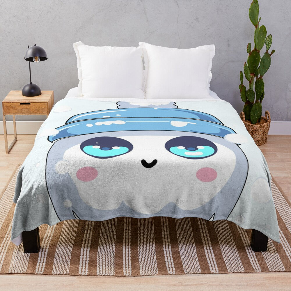 Cute and playful chibi-style ghost plush blanket with snowflakes and winter hat