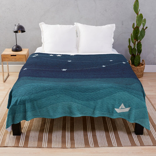 Teal ocean plush blanket with a watercolor garland of stars