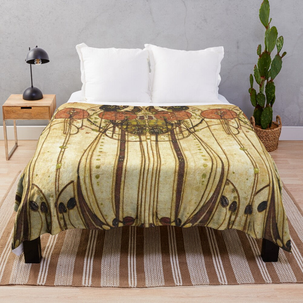 Plush blanket with art nouveau-inspired design of female figures and red apples