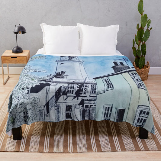 Southwold lighthouse watercolor painting on a plush blanket