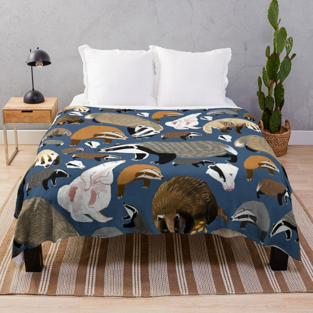 Eurasian badger inspired plush blanket in blue