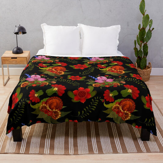 Midnight Floral Plush Blanket with Mythical Designs