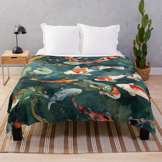 Watercolor koi fish pond design on a plush blanket