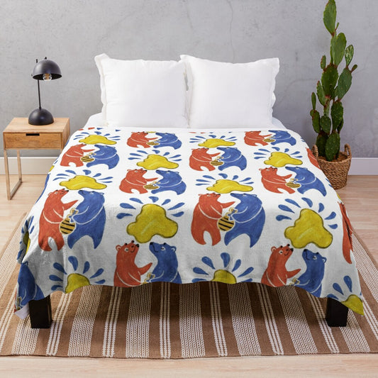 Colorful and fuzzy plush blanket featuring illustrated bears and bees in a forest setting