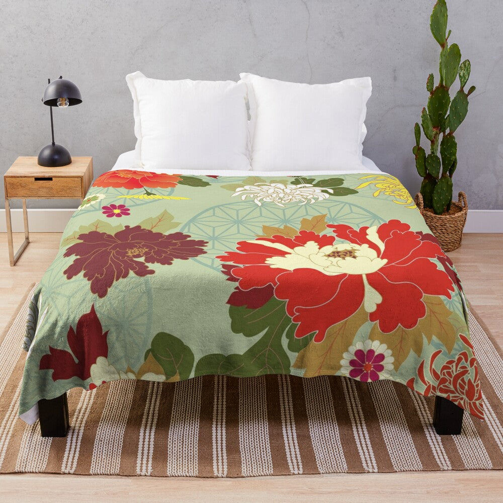 Peony floral plush blanket with traditional Japanese-style patterns