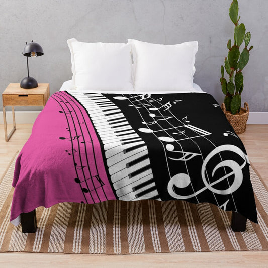 Plush blanket featuring an abstract design of a piano keyboard with musical notes