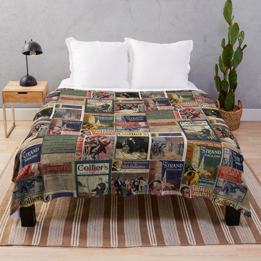 Sherlock Holmes-themed plush blanket featuring vintage magazine designs