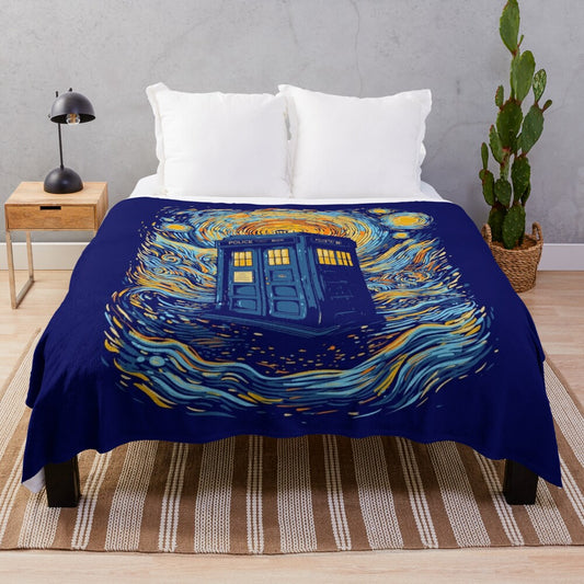 Starry blue box themed plush blanket inspired by pop culture