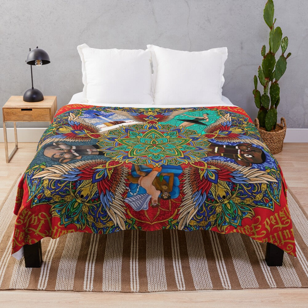 Plush mandala-inspired blanket featuring Kanye West's "My Beautiful Dark Twisted Fantasy" design