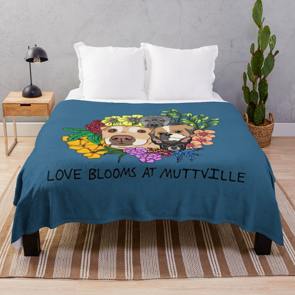 Plush blanket featuring cute dogs and blooming flowers